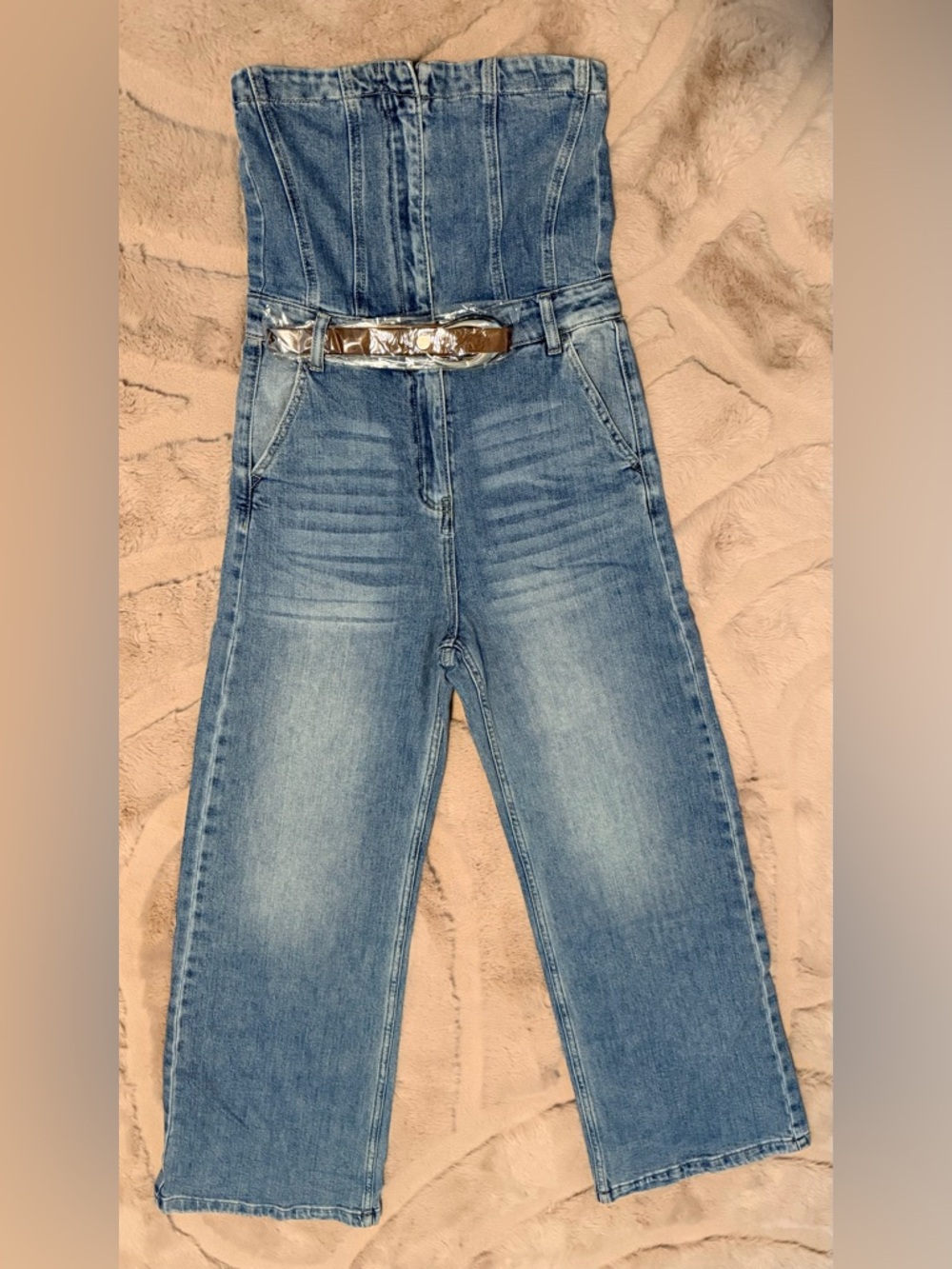Light Wash Denim Jumpsuit with Metallic Belt